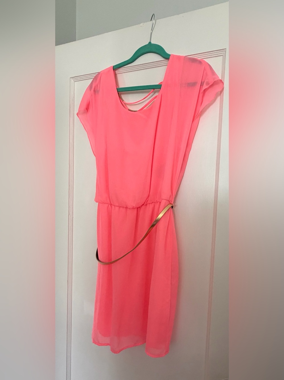 City Triangles Neon Coral Pink Chiffon Dress with Gold Belt
